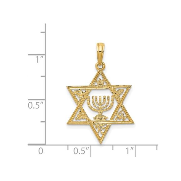 Star Of David with Menorah Pendant 14K Yellow Gold (NO CHAIN)